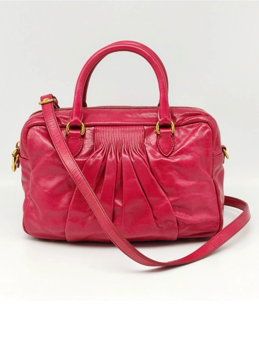 Miu Miu Pink Leather Top Handle Bag Crossbody Satchel w/ Strap Soft Pleated